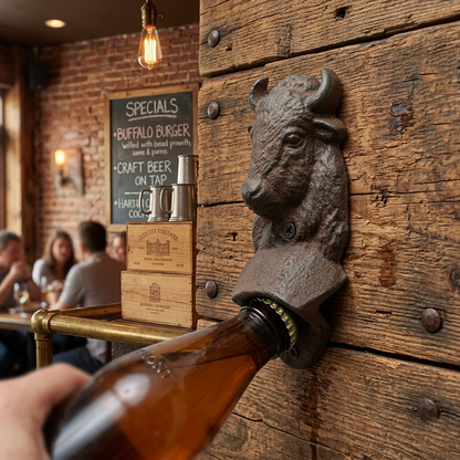 Rustic Cast Iron Buffalo Bison Beer Bottle Opener Wall Mounted Cabin Bar Decor