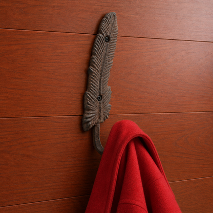 Cast Iron Feather Wall Hook Key Towel Coat Hanger Antique Style Rustic Brown