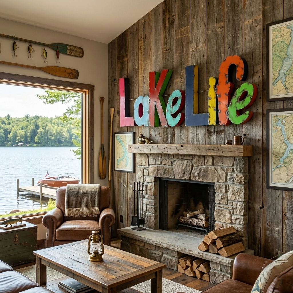 Lake Life Recycled Metal Sign Colorful Retro Style Wall Decor 37 x 11 inch