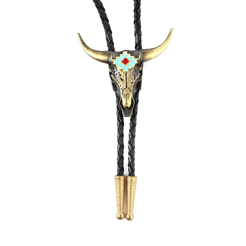Brass Western Longhorn Skull Bolo Tie Turquoise Enamel 36 inch Cord Made in USA