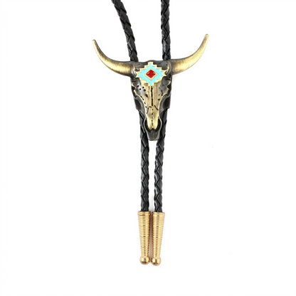 Brass Western Longhorn Skull Bolo Tie Turquoise Enamel 36 inch Cord Made in USA
