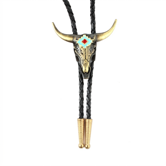 Brass Western Longhorn Skull Bolo Tie Turquoise Enamel 36 inch Cord Made in USA
