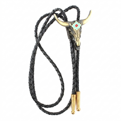 Brass Western Longhorn Skull Bolo Tie Turquoise Enamel 36 inch Cord Made in USA