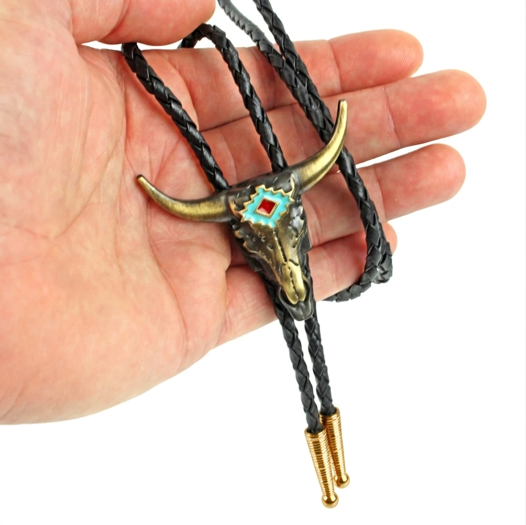 Brass Western Longhorn Skull Bolo Tie Turquoise Enamel 36 inch Cord Made in USA