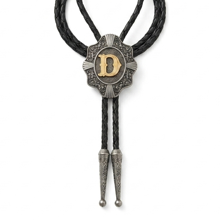 Initial Letter "D" Bolo Tie Western 38" Genuine Leather Cord Detailed Tips