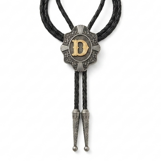 Initial Letter "D" Bolo Tie Western 38" Genuine Leather Cord Detailed Tips