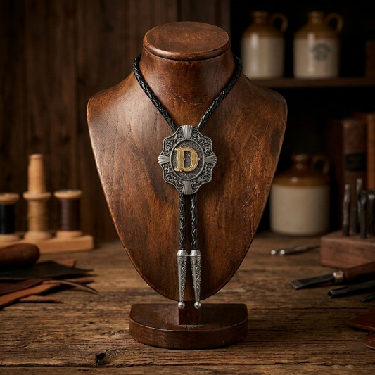 Initial Letter "D" Bolo Tie Western 38" Genuine Leather Cord Detailed Tips