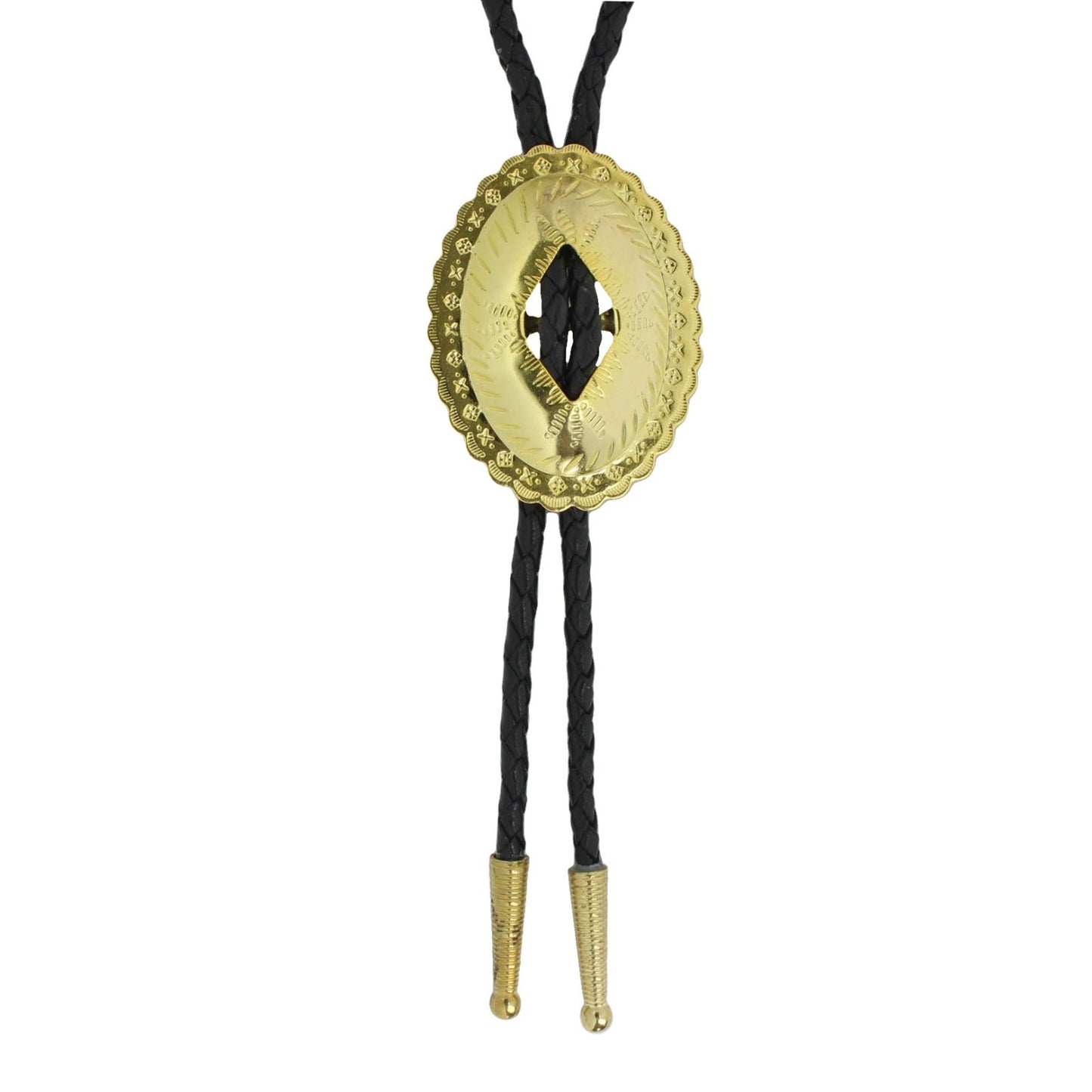 Oval Gold-Tone Western Bolo Tie - Engraved Scalloped Design 36 inch Black Cord