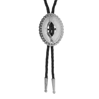 Oval Silver-Tone Western Bolo Tie - Engraved Scalloped Design 36 inch Black Cord