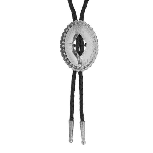 Oval Silver-Tone Western Bolo Tie - Engraved Scalloped Design 36 inch Black Cord
