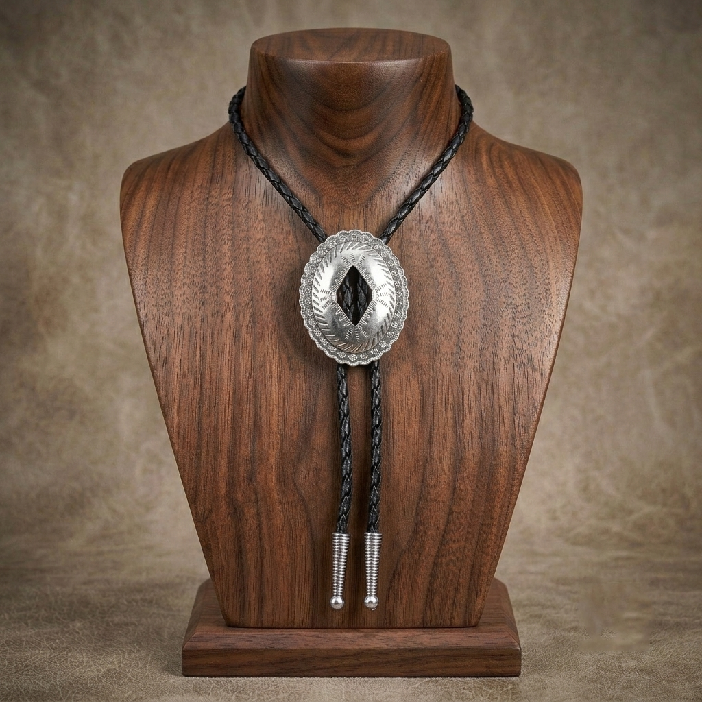Oval Silver-Tone Western Bolo Tie - Engraved Scalloped Design 36 inch Black Cord