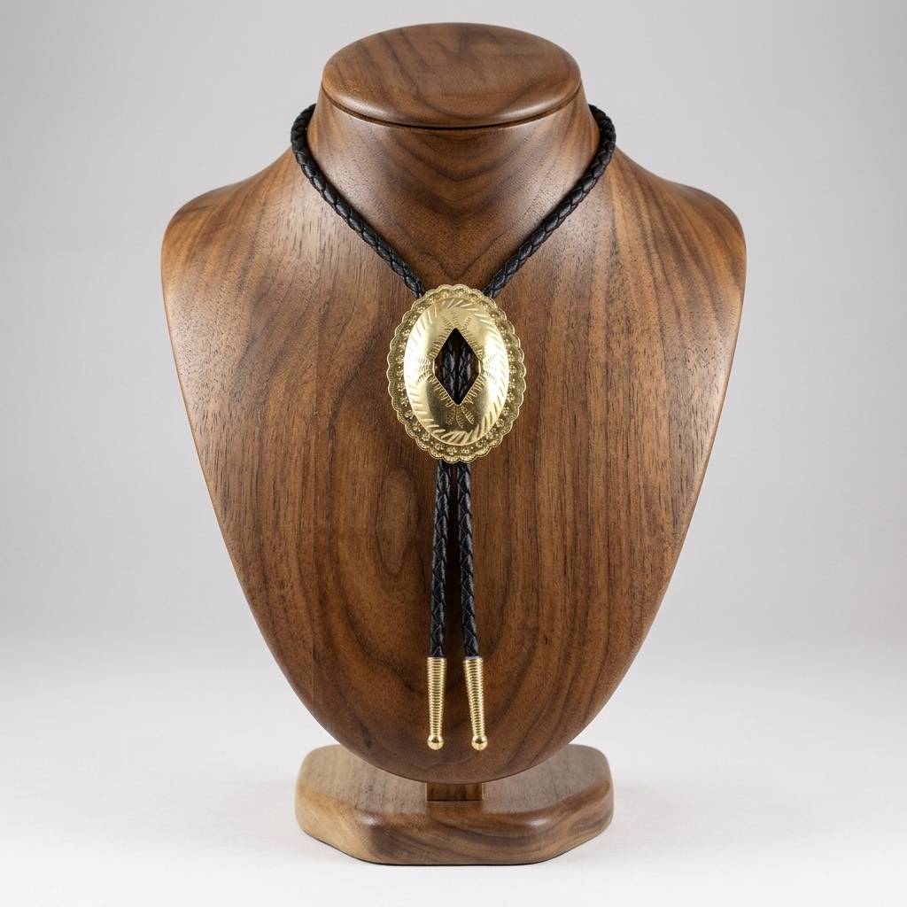 Oval Gold-Tone Western Bolo Tie - Engraved Scalloped Design 36 inch Black Cord