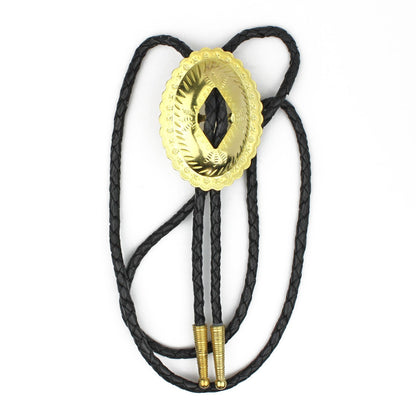 Oval Gold-Tone Western Bolo Tie - Engraved Scalloped Design 36 inch Black Cord