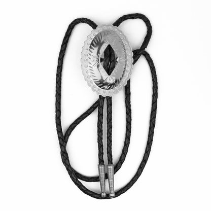 Oval Silver-Tone Western Bolo Tie - Engraved Scalloped Design 36 inch Black Cord