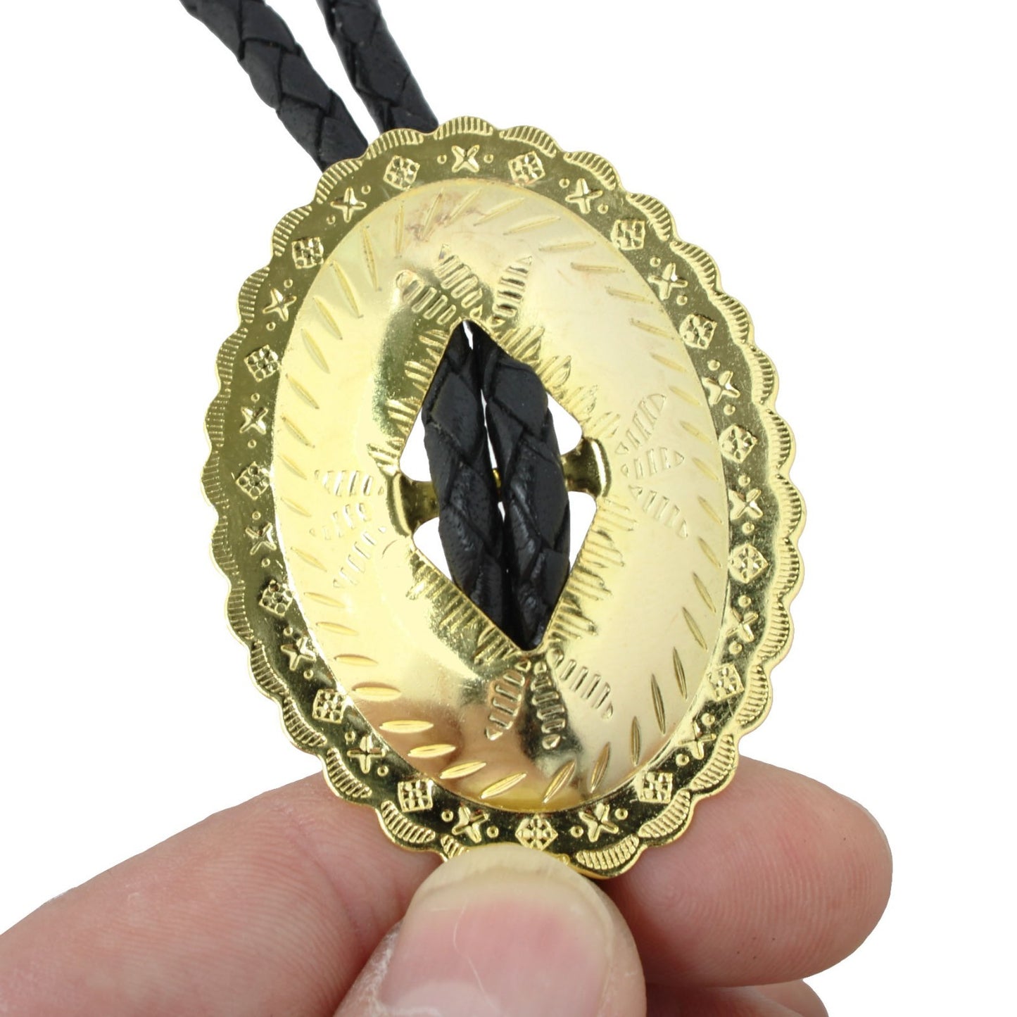 Oval Gold-Tone Western Bolo Tie - Engraved Scalloped Design 36 inch Black Cord