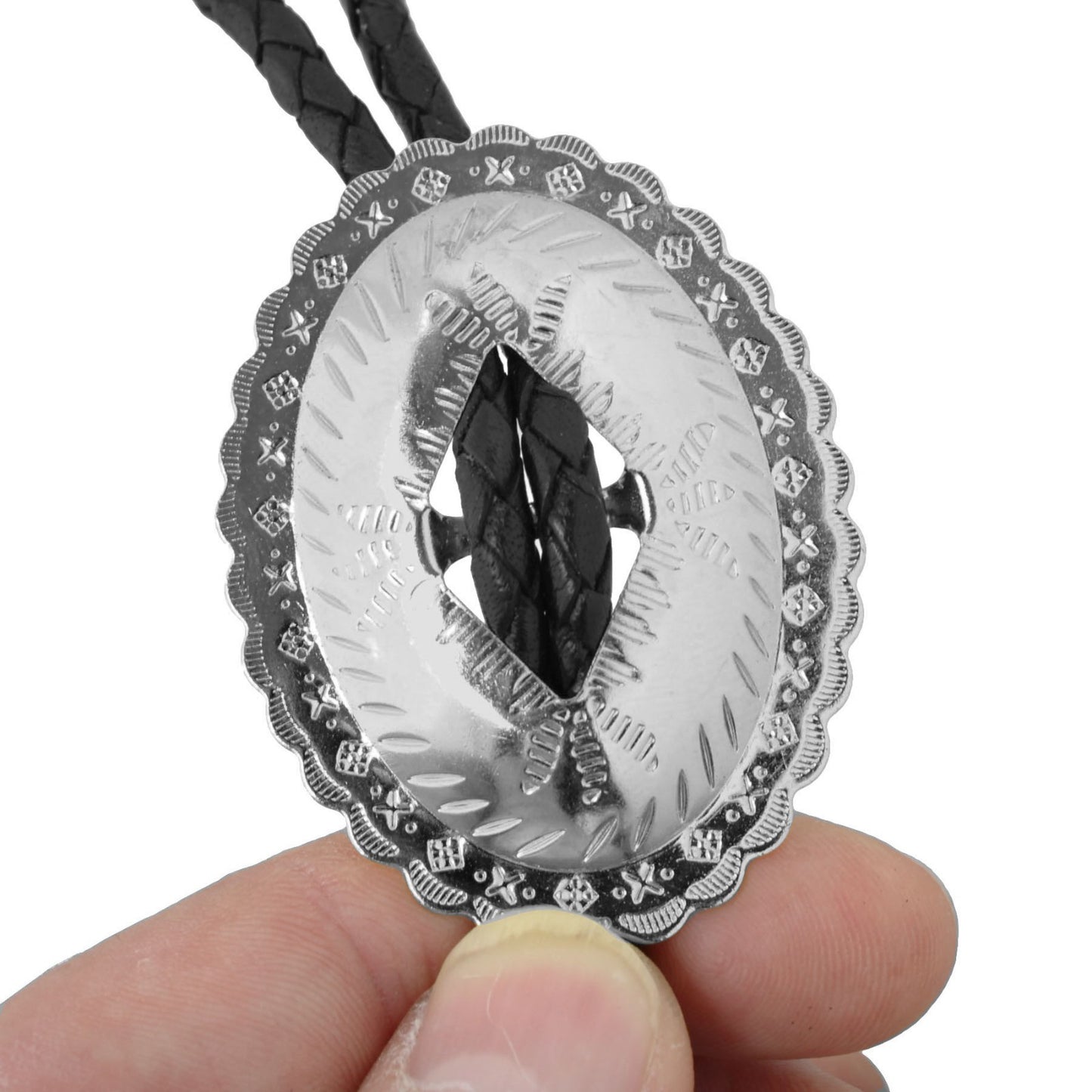 Oval Silver-Tone Western Bolo Tie - Engraved Scalloped Design 36 inch Black Cord