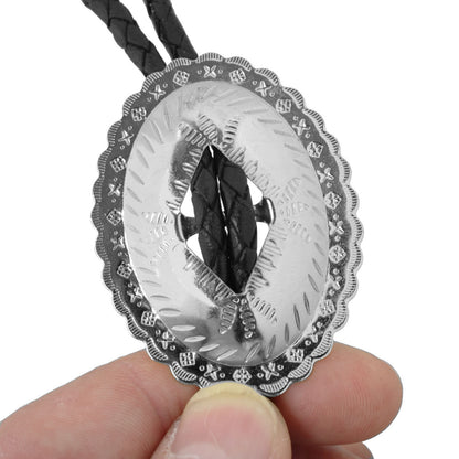 Oval Silver-Tone Western Bolo Tie - Engraved Scalloped Design 36 inch Black Cord