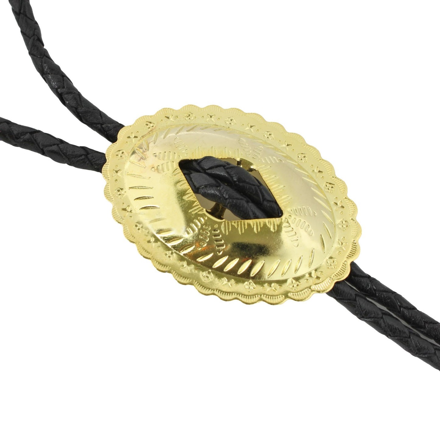 Oval Gold-Tone Western Bolo Tie - Engraved Scalloped Design 36 inch Black Cord