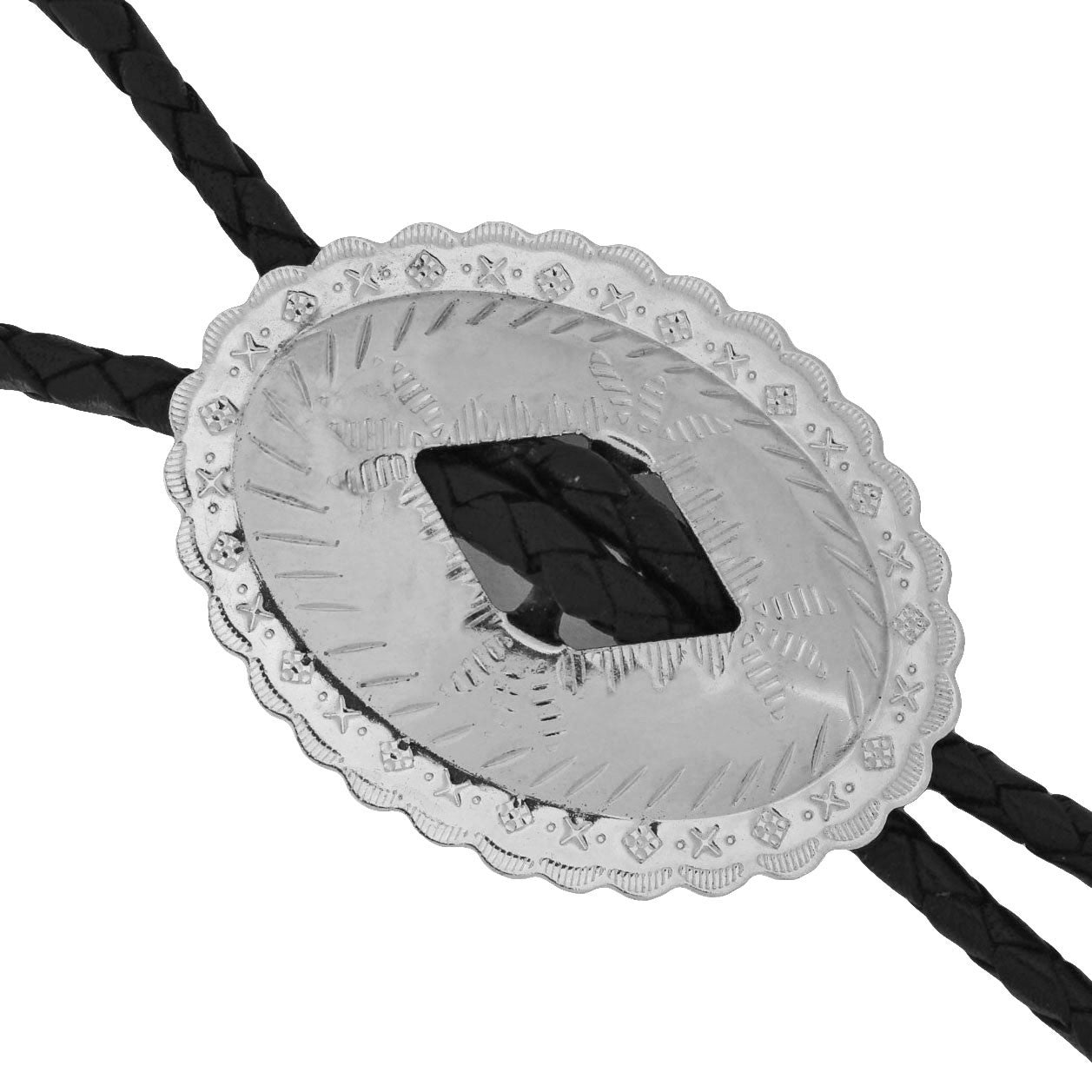 Oval Silver-Tone Western Bolo Tie - Engraved Scalloped Design 36 inch Black Cord