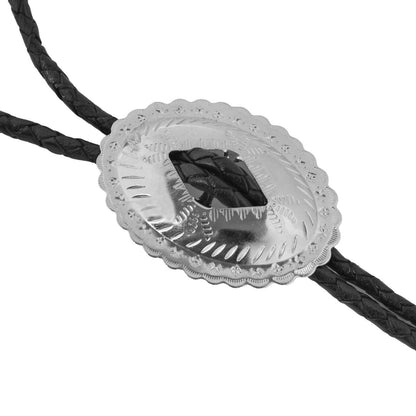 Oval Silver-Tone Western Bolo Tie - Engraved Scalloped Design 36 inch Black Cord