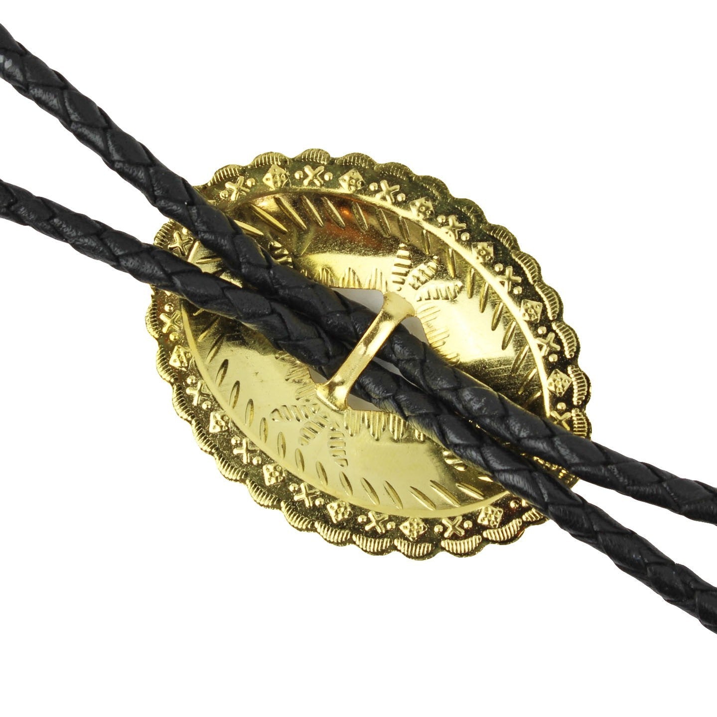 Oval Gold-Tone Western Bolo Tie - Engraved Scalloped Design 36 inch Black Cord