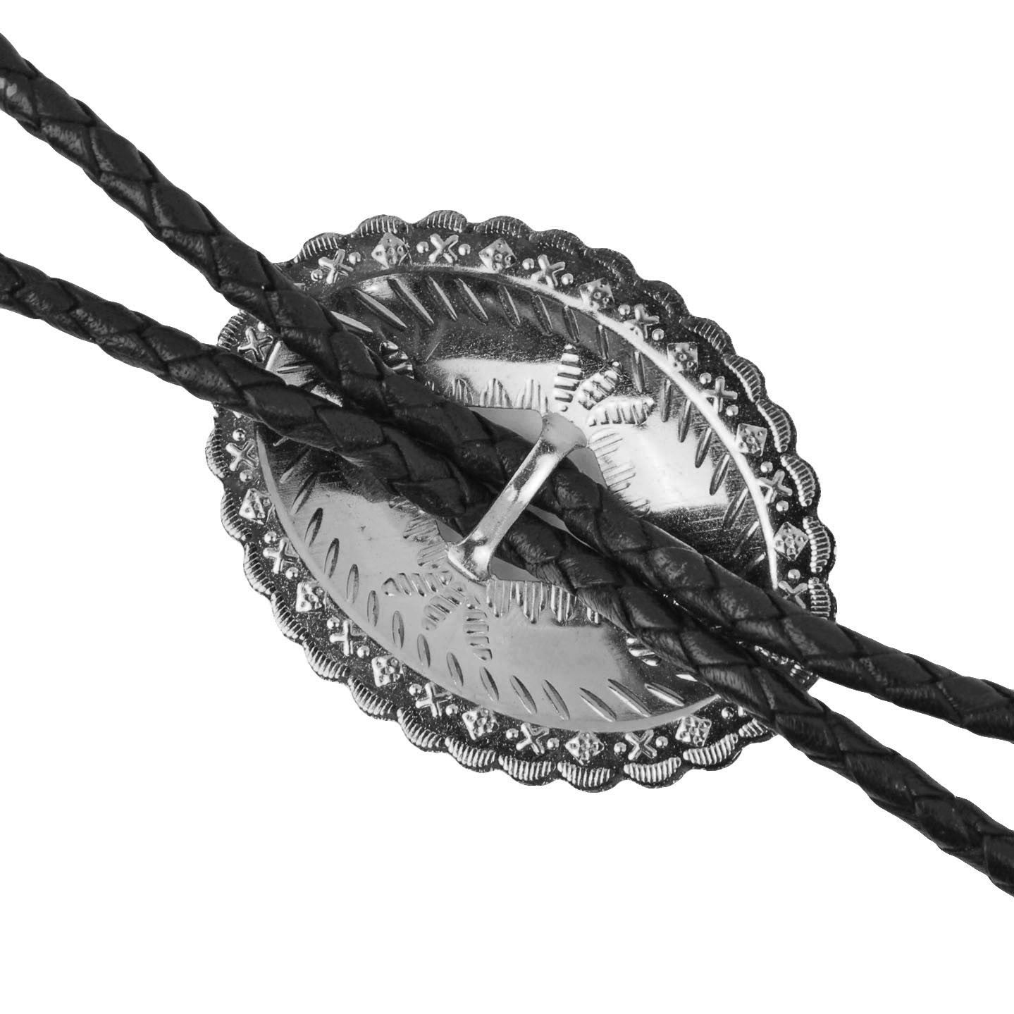 Oval Silver-Tone Western Bolo Tie - Engraved Scalloped Design 36 inch Black Cord