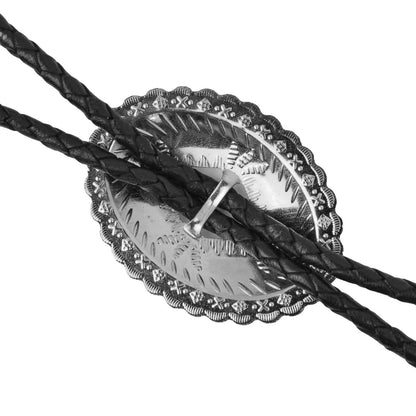 Oval Silver-Tone Western Bolo Tie - Engraved Scalloped Design 36 inch Black Cord