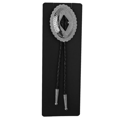 Oval Silver-Tone Western Bolo Tie - Engraved Scalloped Design 36 inch Black Cord