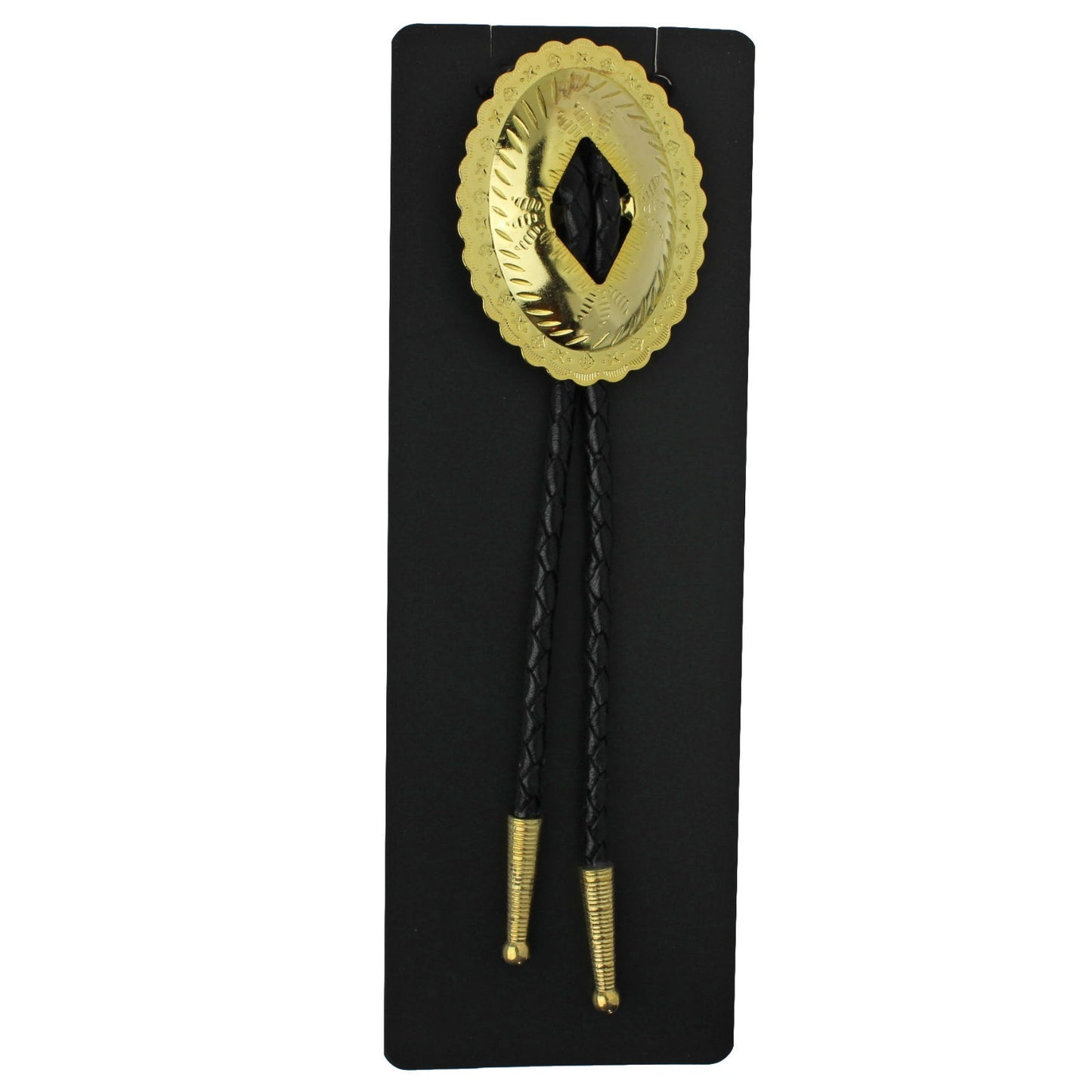 Oval Gold-Tone Western Bolo Tie - Engraved Scalloped Design 36 inch Black Cord