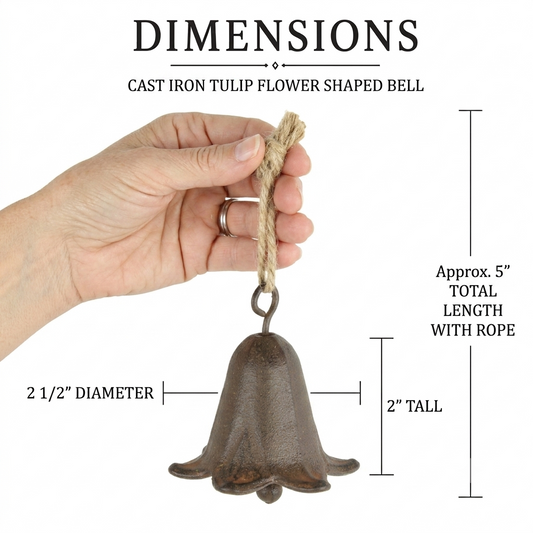 Tiny Cast Iron Tulip Flower Shaped Bell Rustic Hanging Porch Chime Jute Rope
