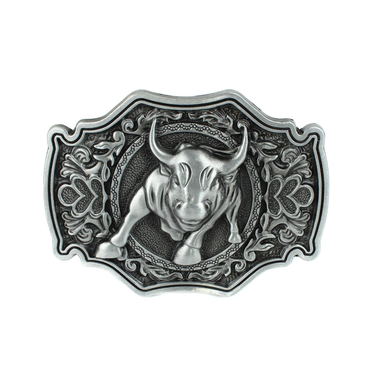 Mean Bull Belt Buckle Western Rodeo Floral Accents Antique Silver Fits 1.5" Belt
