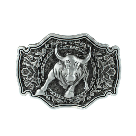 Mean Bull Belt Buckle Western Rodeo Floral Accents Antique Silver Fits 1.5" Belt