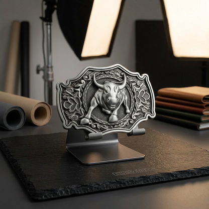 Mean Bull Belt Buckle Western Rodeo Floral Accents Antique Silver Fits 1.5" Belt