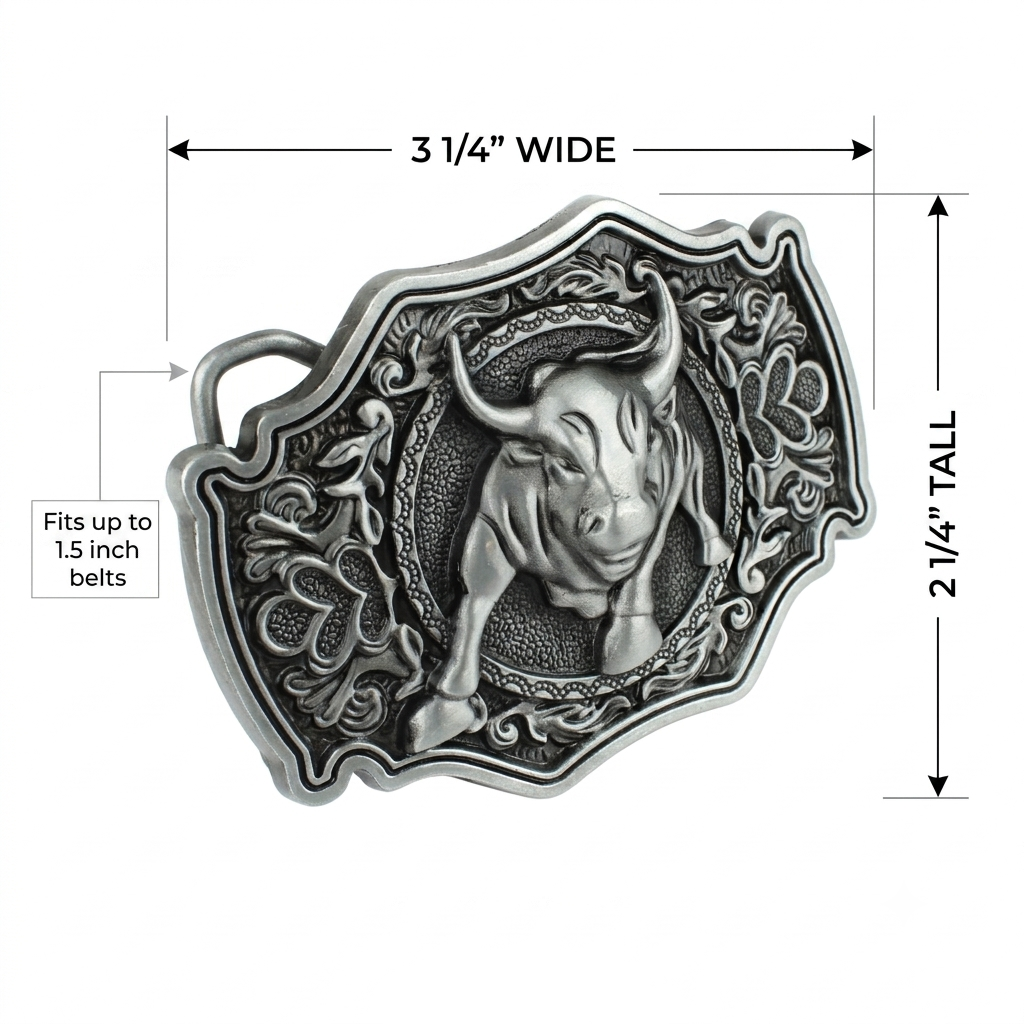 Mean Bull Belt Buckle Western Rodeo Floral Accents Antique Silver Fits 1.5" Belt