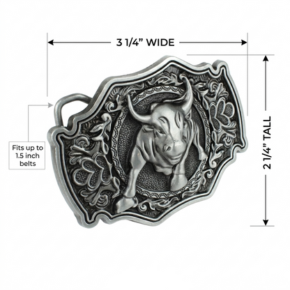 Mean Bull Belt Buckle Western Rodeo Floral Accents Antique Silver Fits 1.5" Belt
