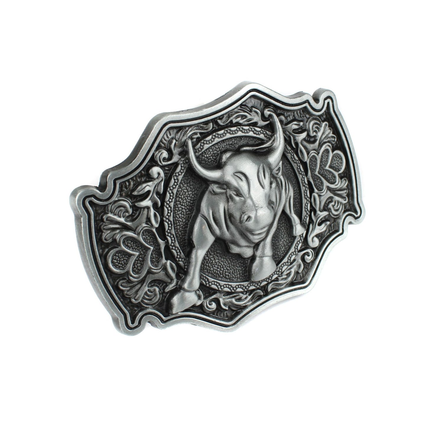 Mean Bull Belt Buckle Western Rodeo Floral Accents Antique Silver Fits 1.5" Belt