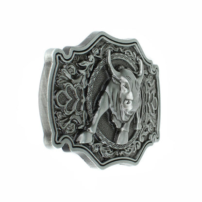 Mean Bull Belt Buckle Western Rodeo Floral Accents Antique Silver Fits 1.5" Belt