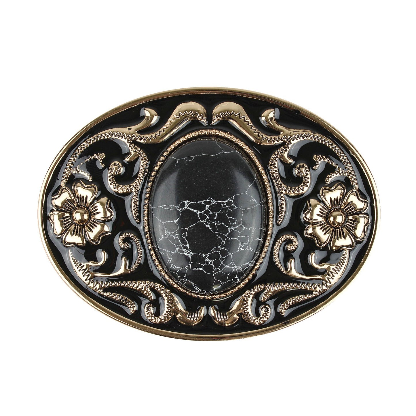 Western Belt Buckle Black Faux Oval Marble Stone Gold Floral Accents Enamel