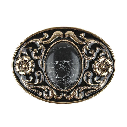 Western Belt Buckle Black Faux Oval Marble Stone Gold Floral Accents Enamel