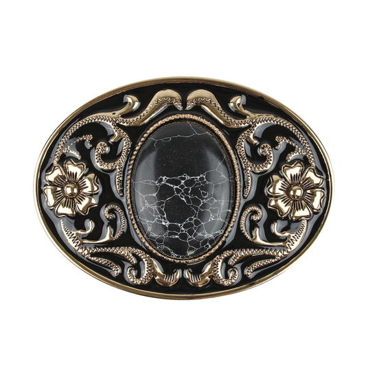 Western Belt Buckle Black Faux Oval Marble Stone Gold Floral Accents Enamel