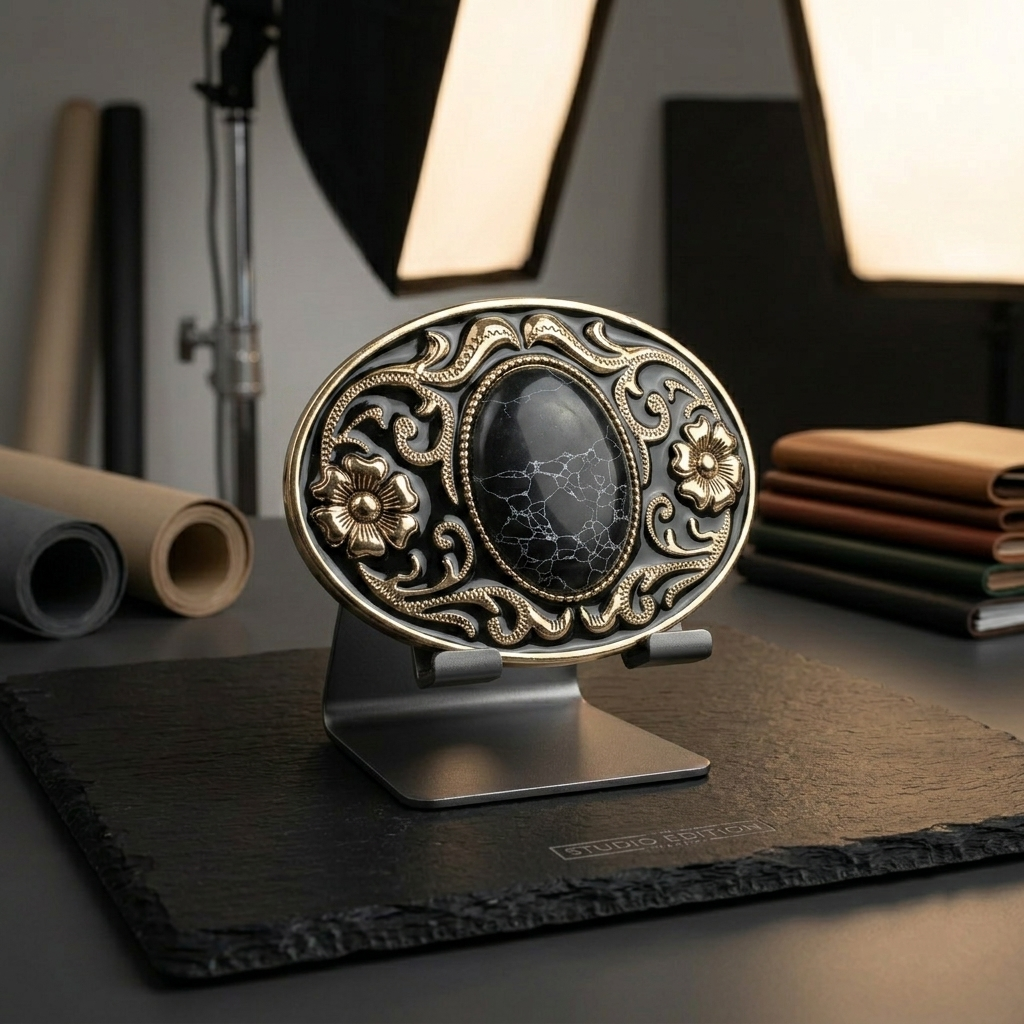 Western Belt Buckle Black Faux Oval Marble Stone Gold Floral Accents Enamel