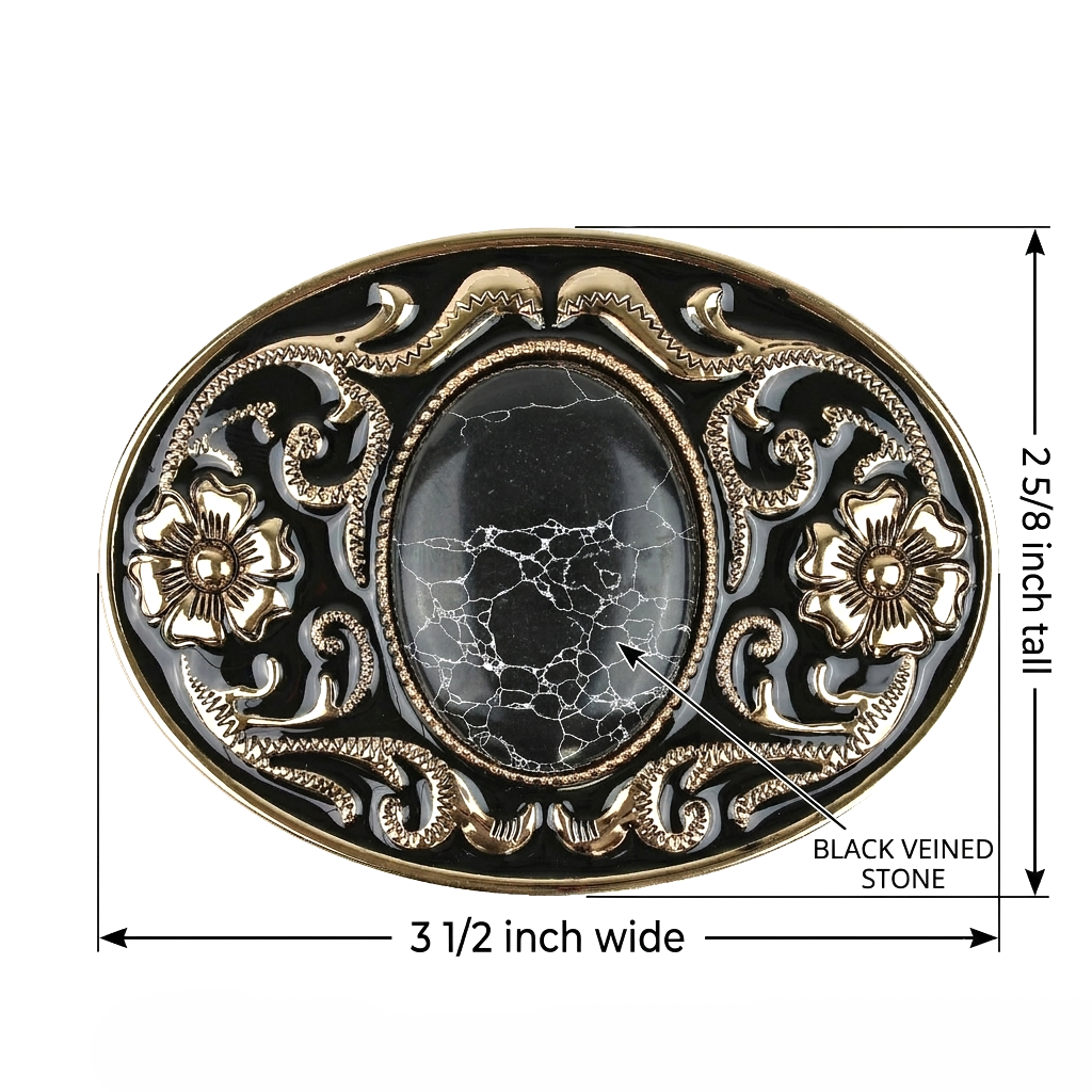 Western Belt Buckle Black Faux Oval Marble Stone Gold Floral Accents Enamel