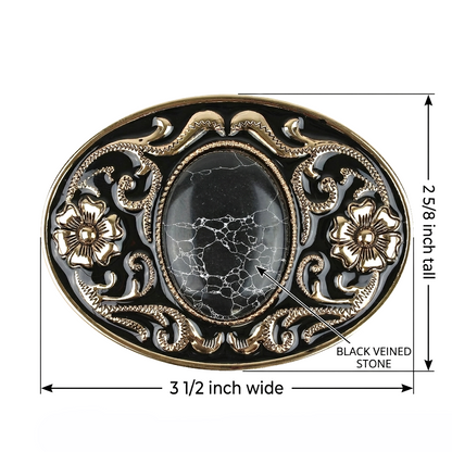 Western Belt Buckle Black Faux Oval Marble Stone Gold Floral Accents Enamel