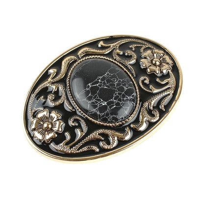 Western Belt Buckle Black Faux Oval Marble Stone Gold Floral Accents Enamel