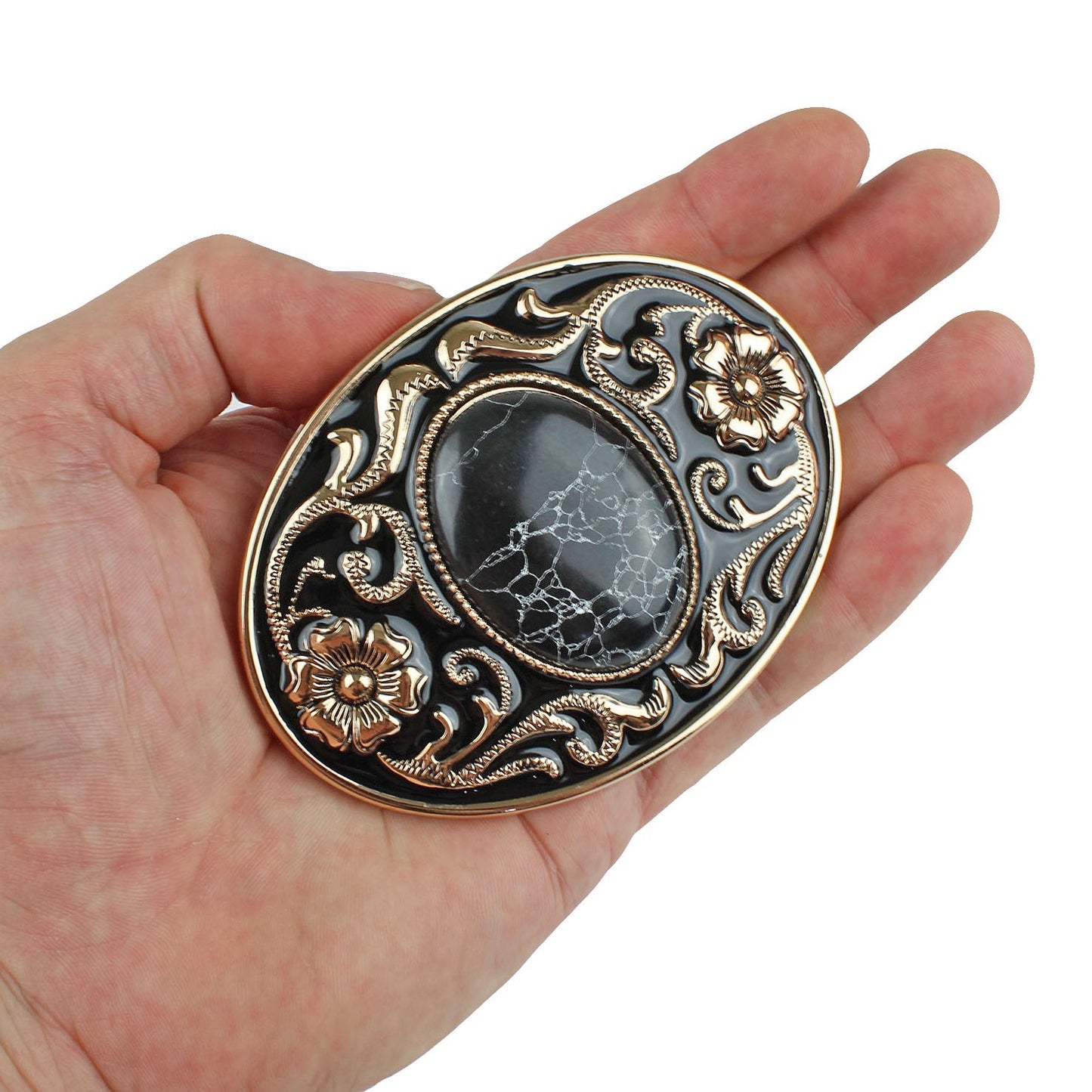 Western Belt Buckle Black Faux Oval Marble Stone Gold Floral Accents Enamel