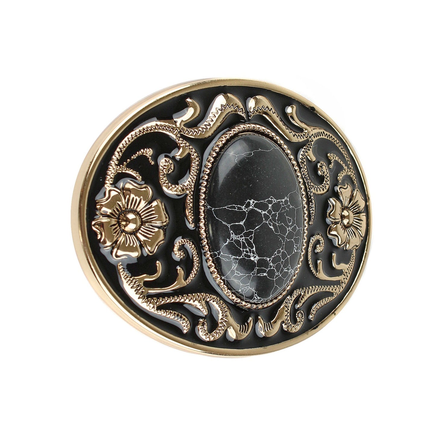 Western Belt Buckle Black Faux Oval Marble Stone Gold Floral Accents Enamel