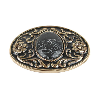 Western Belt Buckle Black Faux Oval Marble Stone Gold Floral Accents Enamel