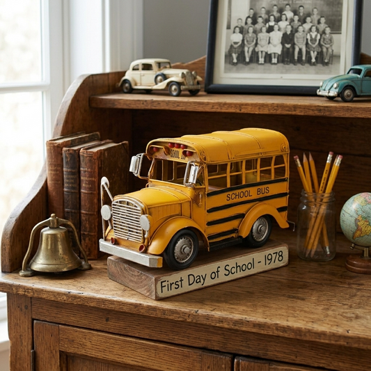 Small Classic Yellow School Bus Tin Metal Rustic Vintage Style Decor 10 3/8 inch