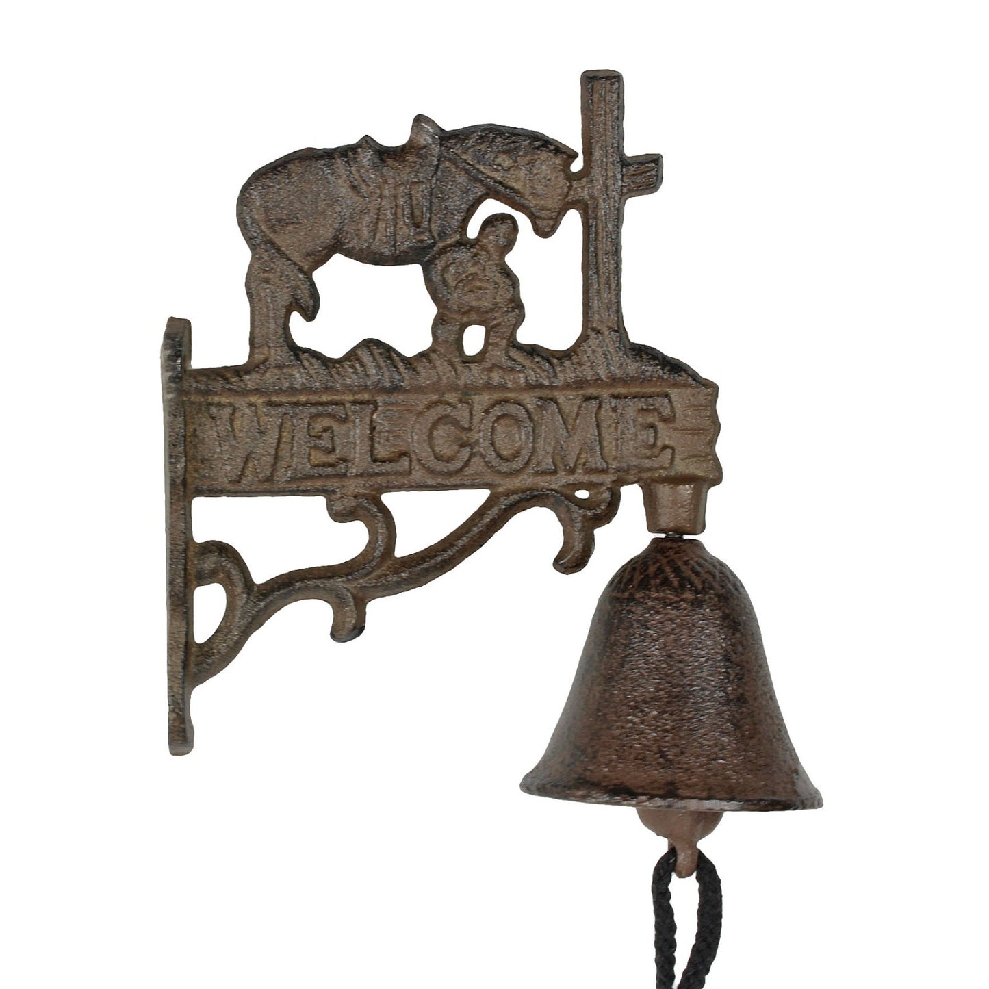 Small Welcome Dinner Bell Cast Iron Cowboy Kneeling Cross Horse Rustic Brown