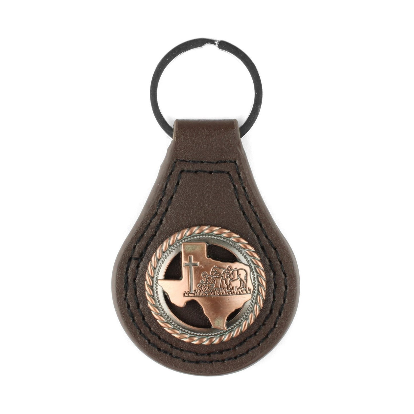 Brown Leather Keychain Texas Map Copper Kneeling Cowboy Cross Horse Concho 3.5"